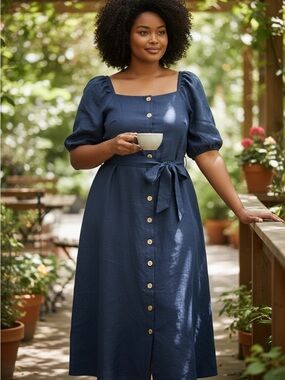 NWT COQUETTE  Navy Puff-Sleeve Button-Front Dress  100% linen size xl